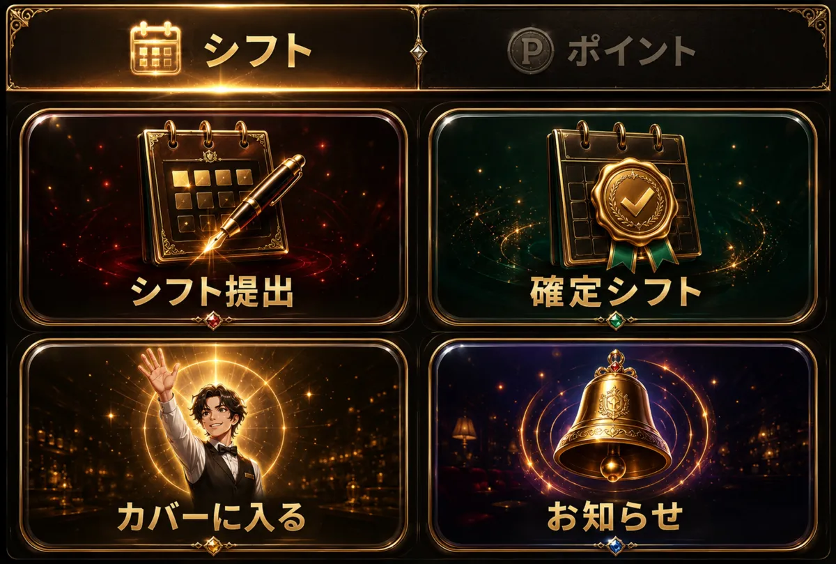 シフトアプリのLINEメニュー。シフト提出、確定シフト、カバーに入る、お知らせ