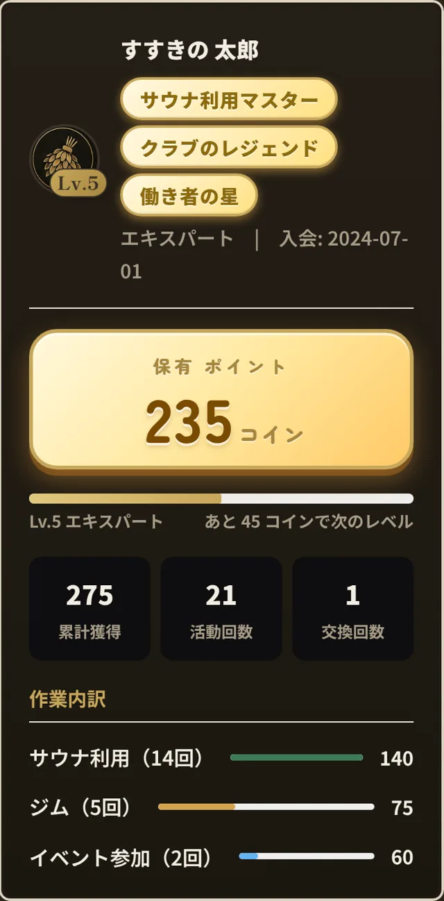 ススキノサウナクラブ会員アプリのマイページ。Lv.5エキスパート、保有235コイン、称号「サウナ利用マスター」「クラブのレジェンド」「働き者の星」