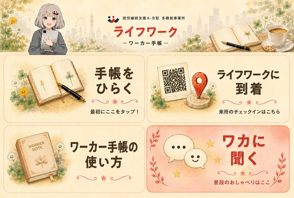 ワカ手帳のLINEメニュー。手帳をひらく、ライフワークに到着、使い方、ワカに聞く